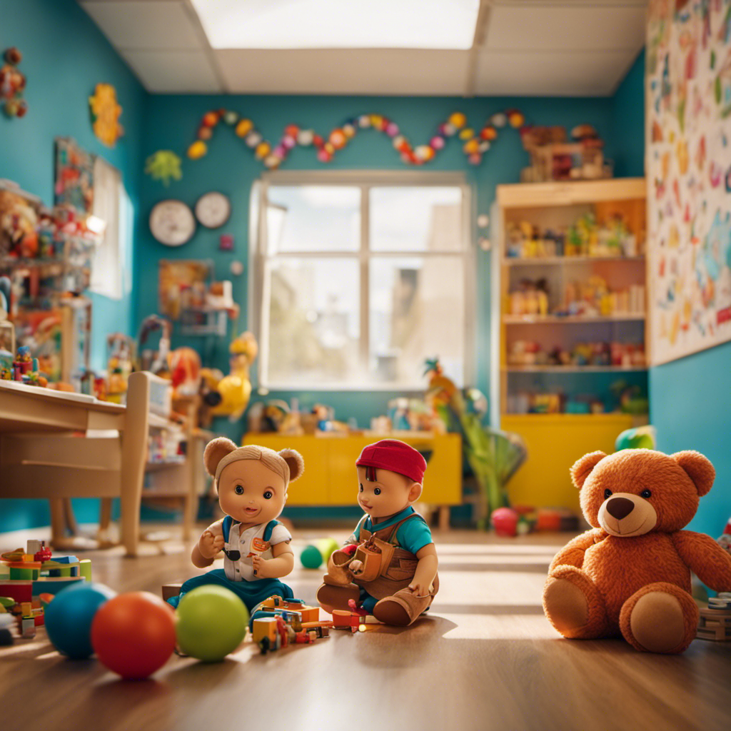 An image showcasing a cheerful pediatrician's office filled with vibrant toys, colorful wall murals, and a comforting examination room, where children are happily engaged in interactive play while waiting for their appointments