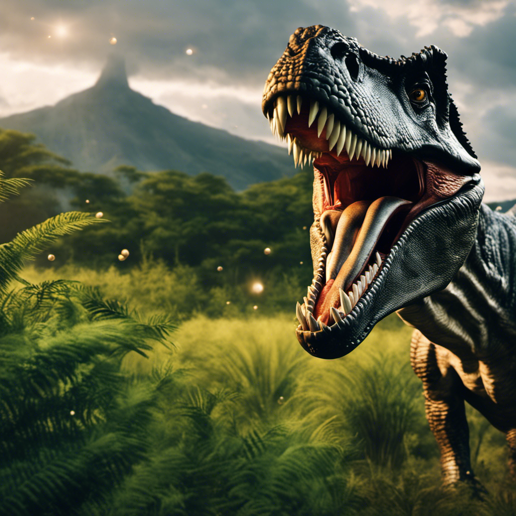 An image showcasing a majestic Tyrannosaurus rex in a lush prehistoric landscape, its razor-sharp teeth exposed in a wide grin, while ten thought bubbles hover above, each filled with a captivating fact about this fascinating ancient predator