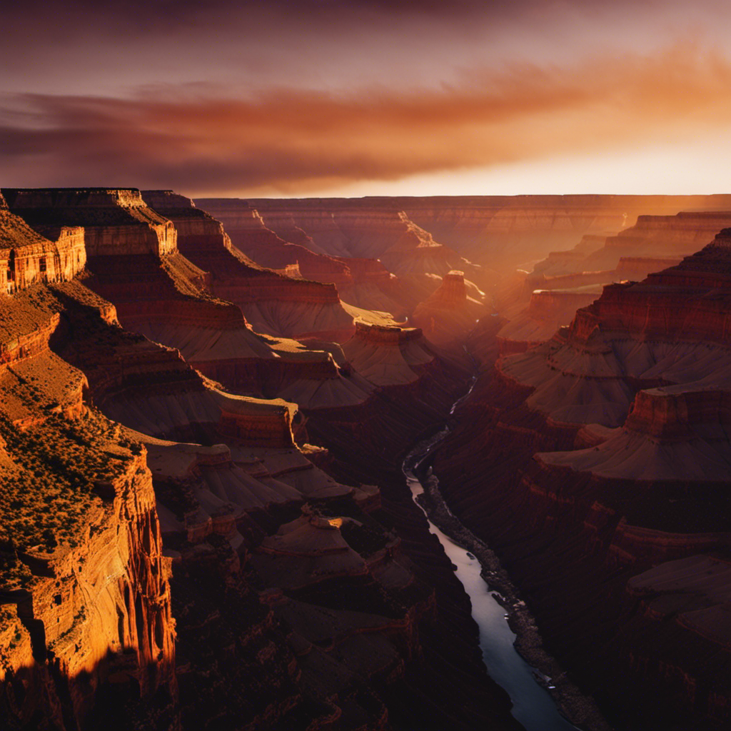 An image showcasing the mighty Grand Canyon at sunset, with towering rust-colored cliffs casting long shadows