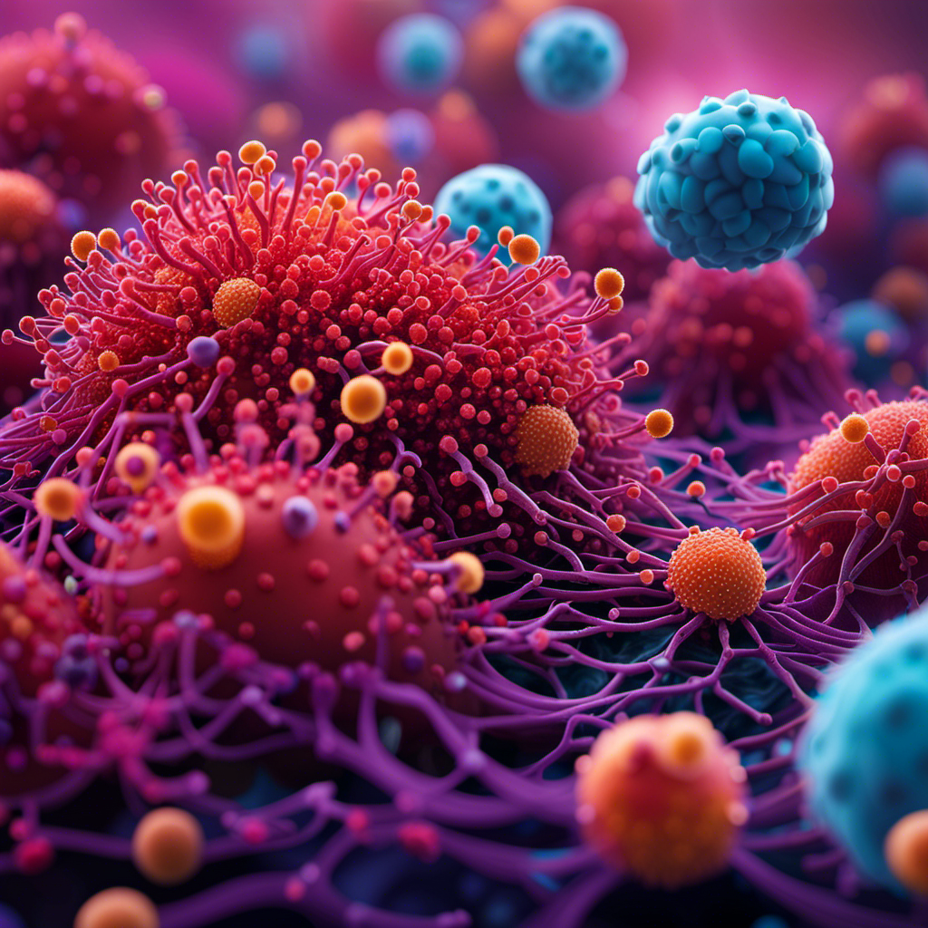 An image showcasing a vibrant, intricate network of immune cells engaged in various tasks, such as engulfing pathogens, releasing antibodies, and patrolling the body, emphasizing the complexity and diversity of the immune system