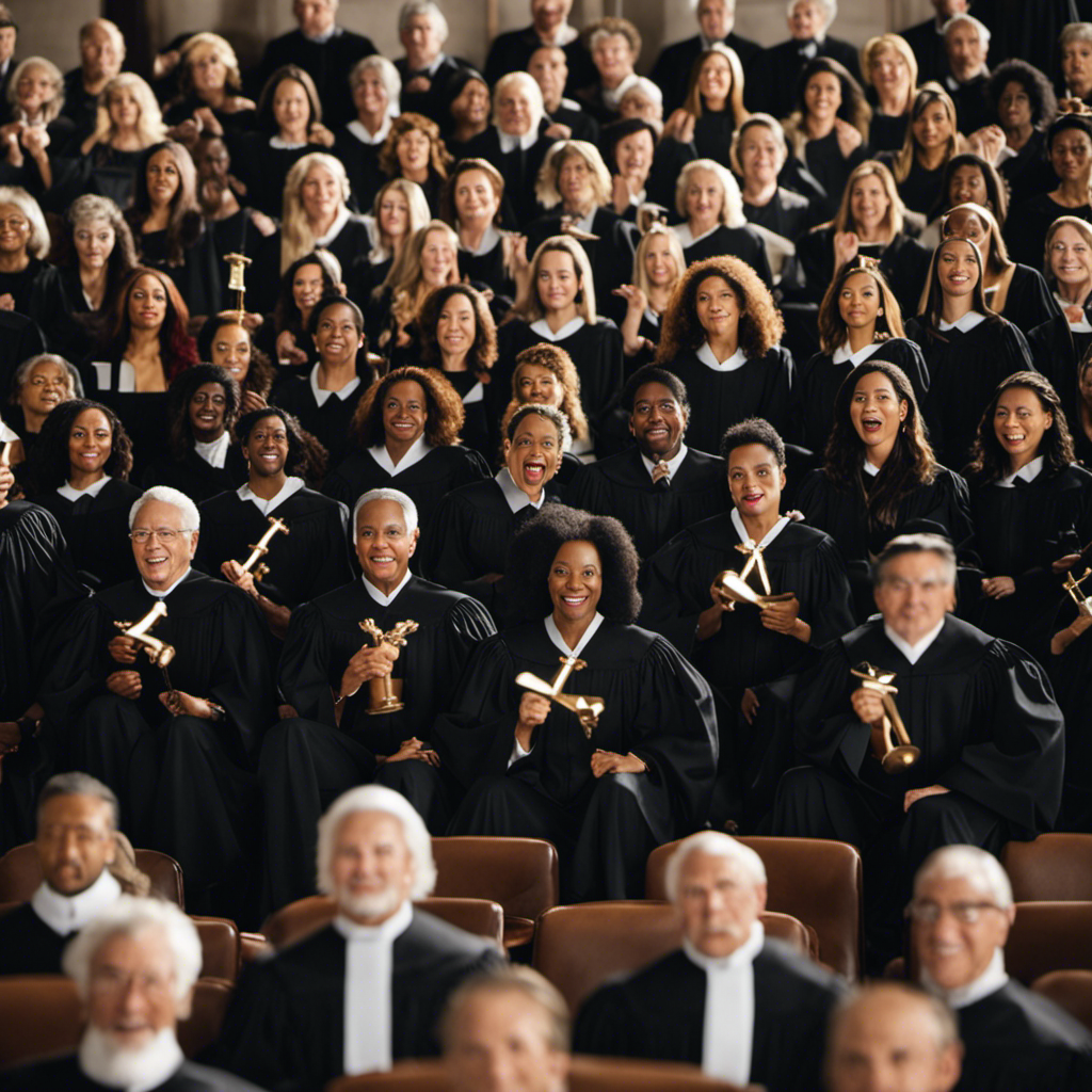 An image that showcases ten diverse, animated judges wearing traditional black robes and holding symbolic gavels