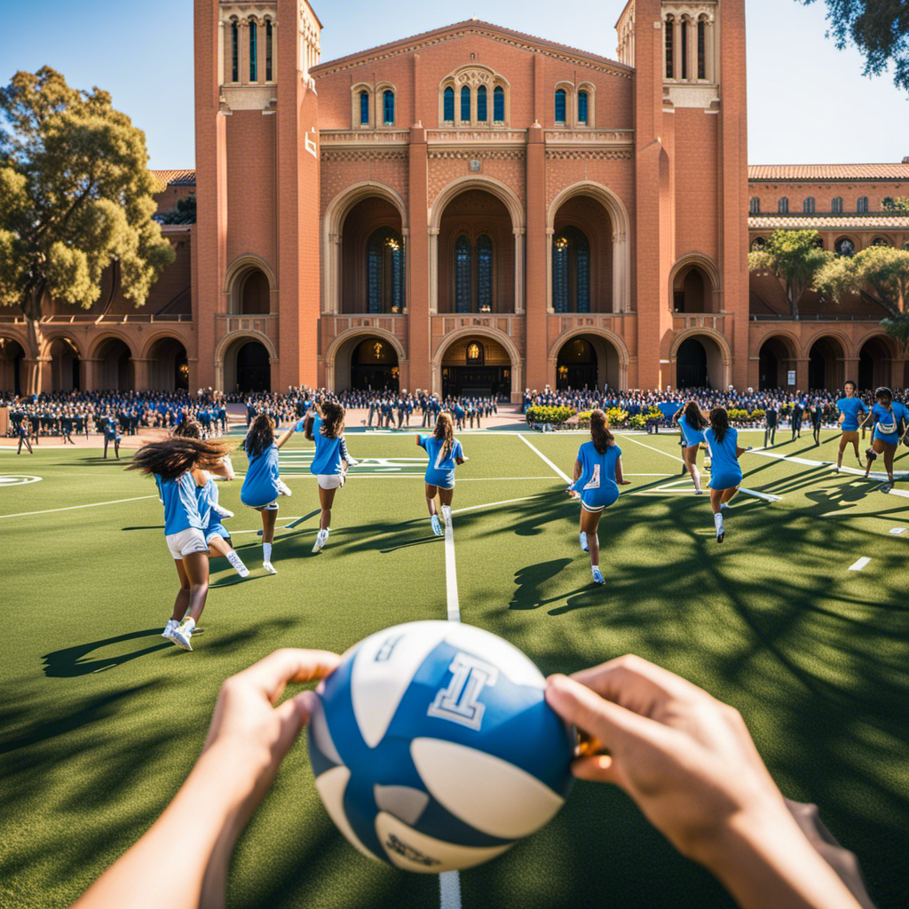 An image showcasing UCLA's vibrant campus life with bustling students engaged in various activities: studying under the iconic Royce Hall, playing frisbee on the manicured lawns, and cheering at a thrilling basketball game in Pauley Pavilion