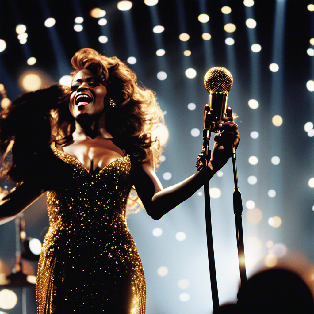 An image showcasing Whitney Houston's legacy: a vibrant silhouette filled with iconic Grammy awards, a microphone emitting golden soundwaves, a movie reel, a sparkling stage, and a crowd cheering passionately