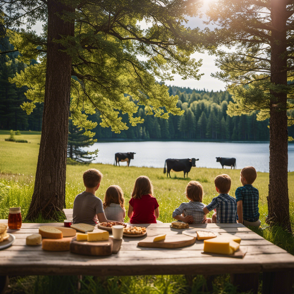 An image capturing the vibrant essence of Wisconsin: a picturesque lake surrounded by tall pine trees, a group of joyful children enjoying a cheese tasting picnic, and a majestic dairy cow grazing peacefully in the background