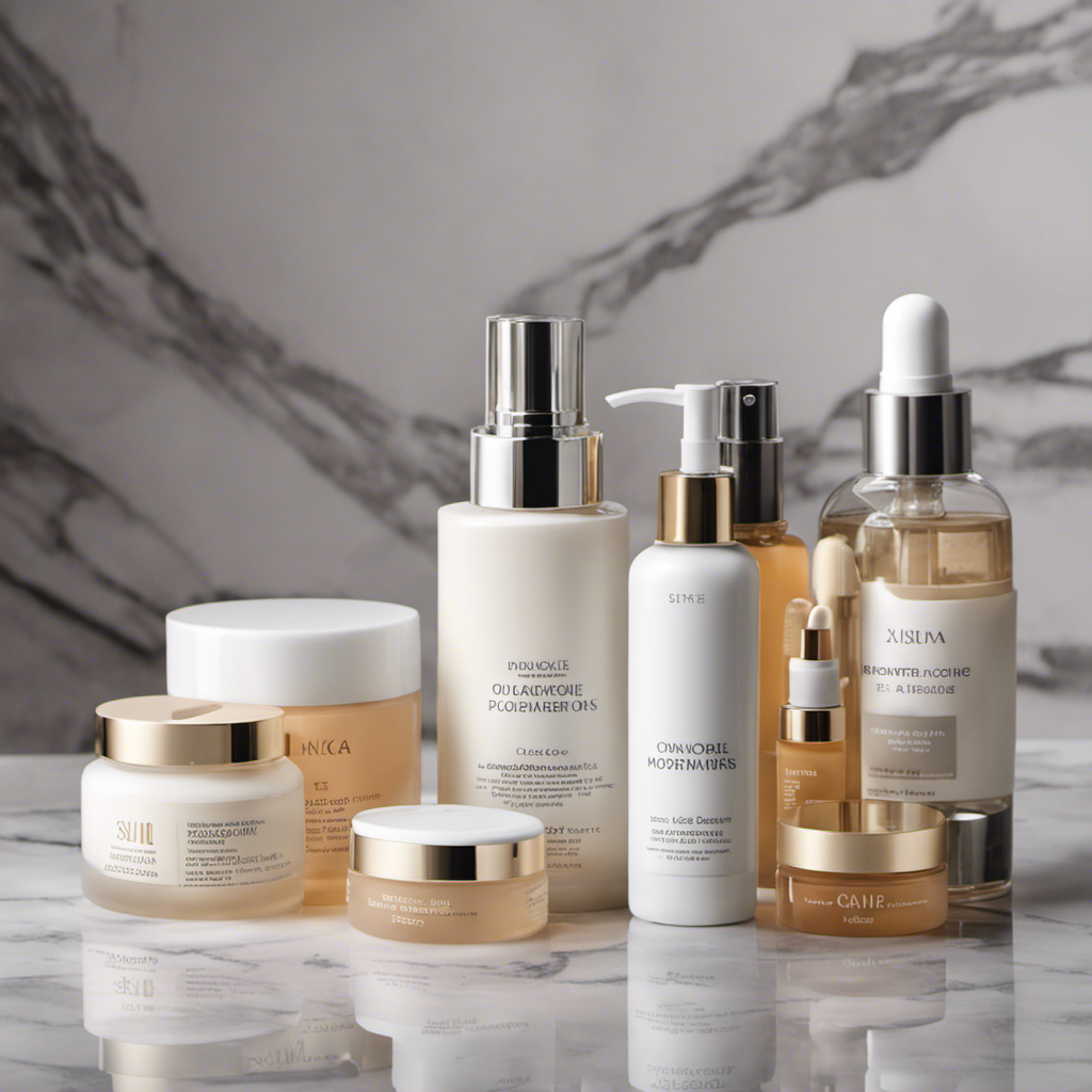 An image showcasing various skincare products like moisturizers, toners, and face masks, neatly arranged on a marble countertop