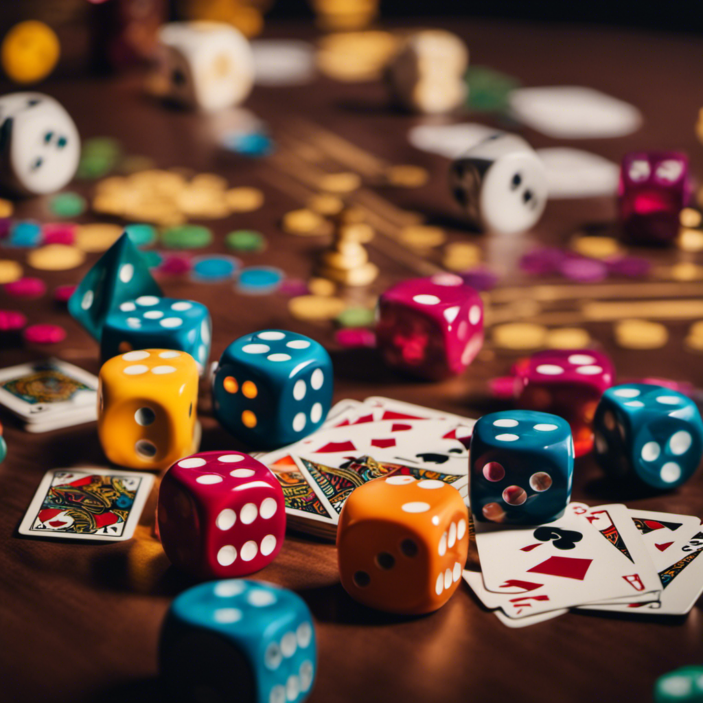 An image showcasing an eclectic collection of board game pieces, surrounded by colorful dice and scattered playing cards
