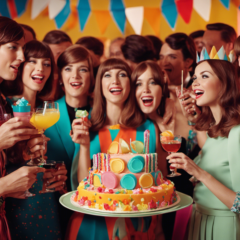 An image reminiscent of the 1960s, featuring a vibrant birthday party scene with guests wearing mod fashion, dancing to the tunes of The Beatles, and indulging in iconic treats like Jell-O molds and soda pop