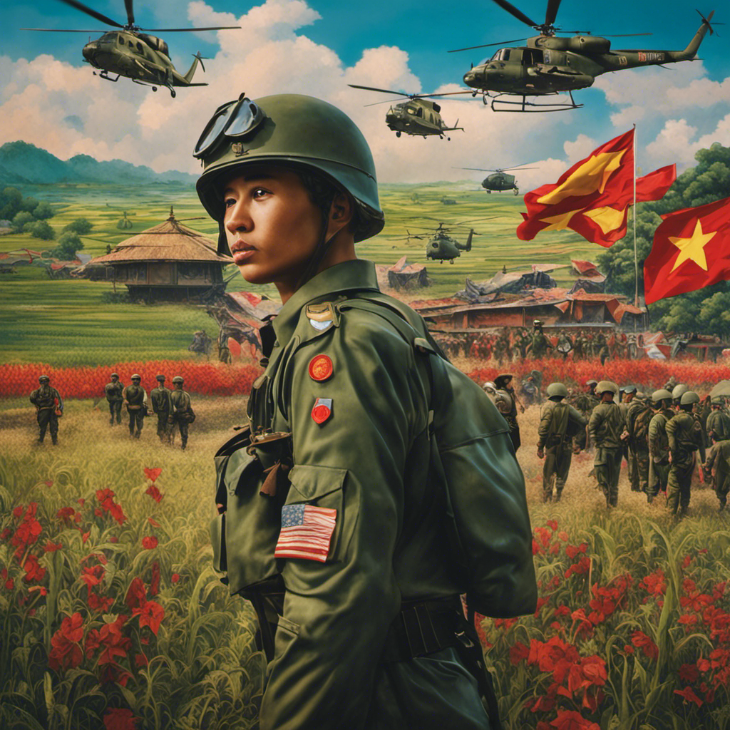 An image of a vibrant mural depicting soldiers in military uniforms from various countries, standing side by side, surrounded by iconic symbols of the Vietnam War era, such as helicopters, protest signs, and rice paddies