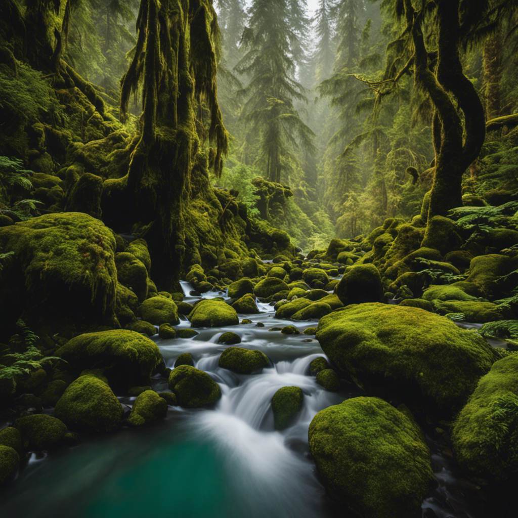 An image portraying a lush rainforest with towering moss-covered trees, a meandering turquoise river, a cascading waterfall, a snow-capped mountain peak, and a diverse array of wildlife, all representing the captivating beauty of Olympic National Park