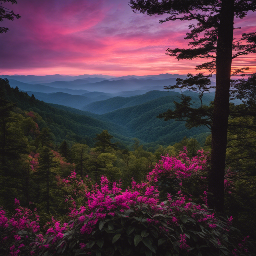 An image capturing the mystical dawn at the Great Smoky Mountains: a fiery palette of pink and purple skies, silhouetted peaks, and ethereal mist weaving through dense forests, whispering secrets of its rich biodiversity