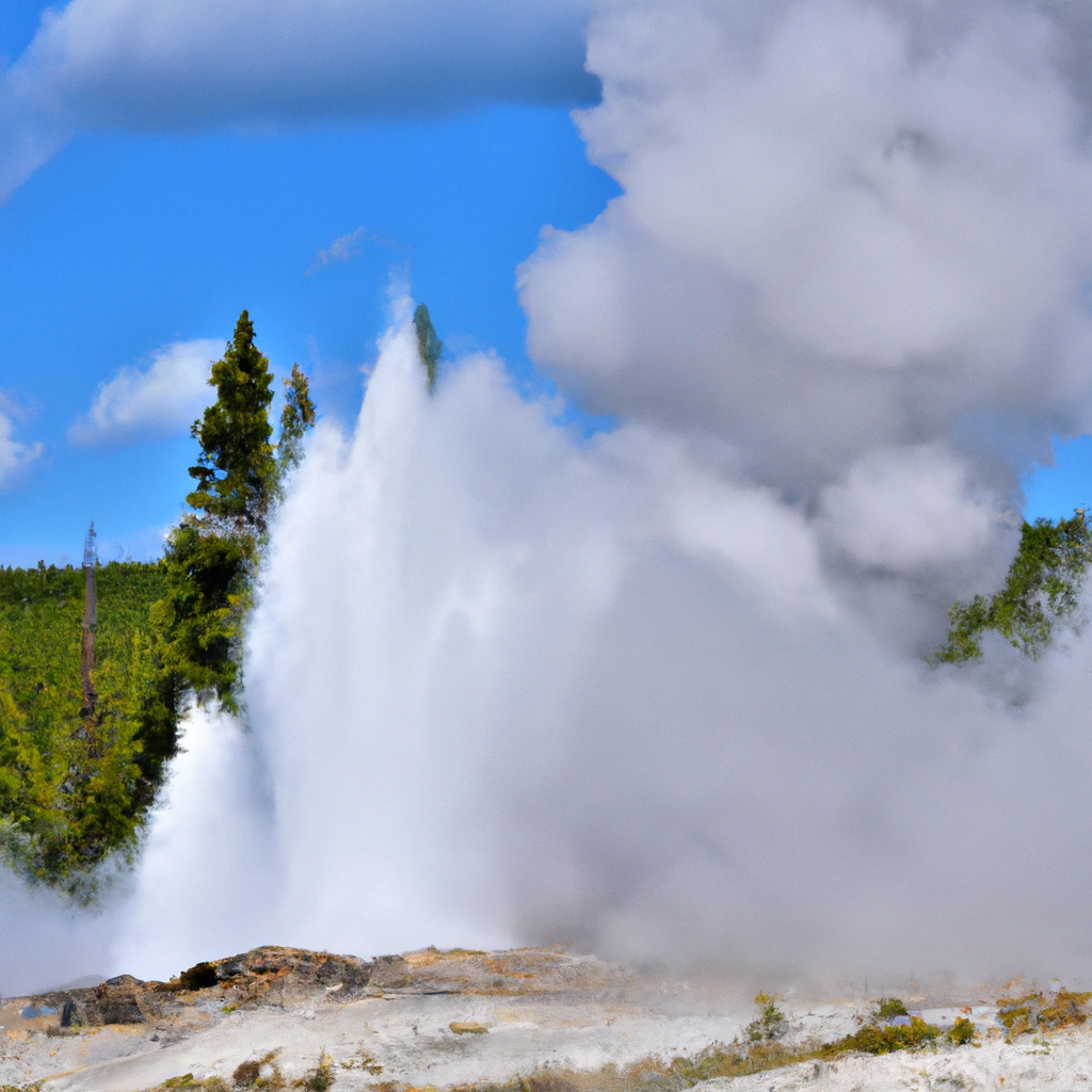 An image showcasing Yellowstone's explosive power: a colossal plume of smoke and ash billowing from the majestic Yellowstone Volcano, framed by the iconic geysers and vibrant hot springs that dot its vast, wild landscape