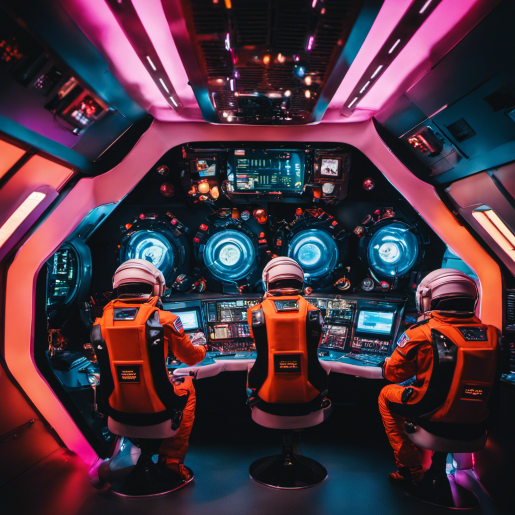 An image showcasing a vibrant spaceship interior with a crew of colorful astronauts engaged in playful activities, like hiding in vents, holding emergency meetings, and pulling off sneaky sabotages, to highlight fascinating Among Us Fun Facts for our blog post