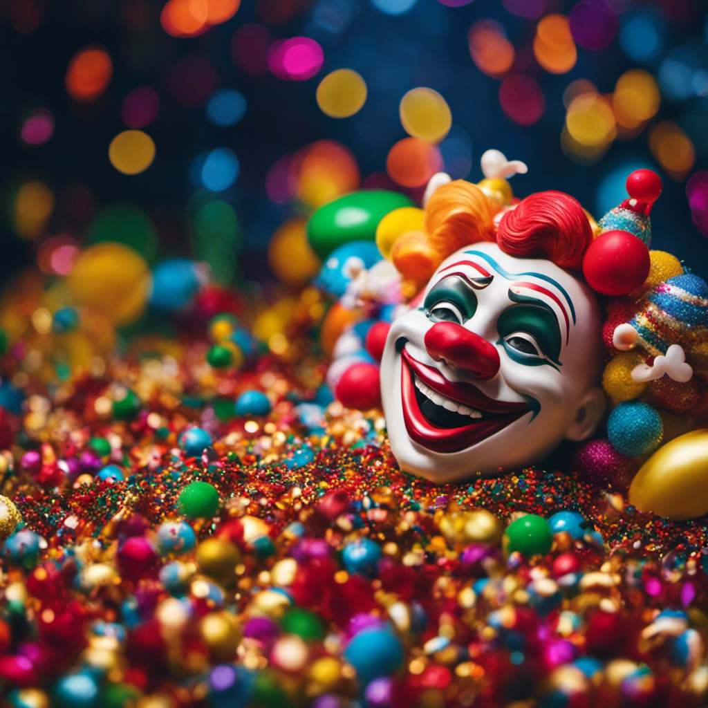 An image capturing the essence of April Fools Fun Facts: a whimsical, vibrant scene with confetti-filled air, playful jesters, mischievous clowns, and erupting laughter echoing through a colorful carnival