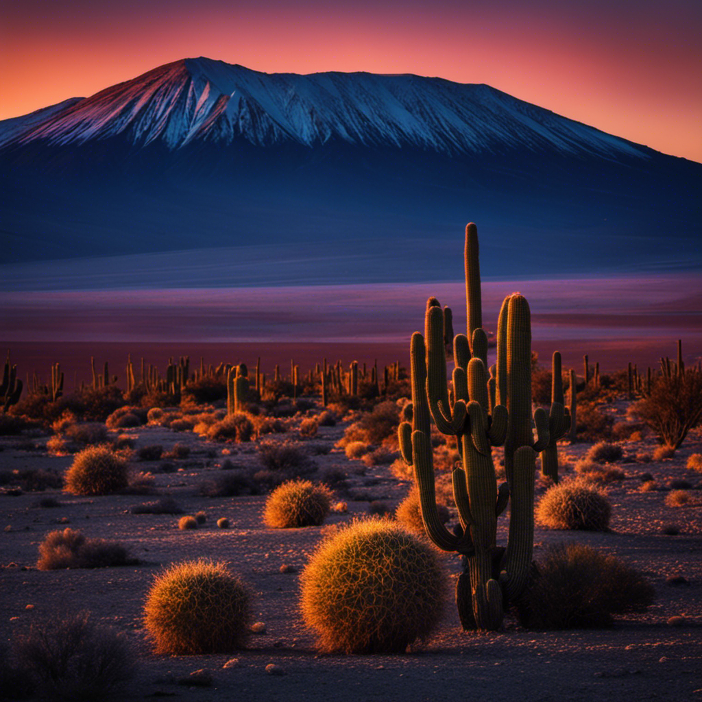 An image capturing the vibrant hues of sunset over the Atacama Desert: a silhouette of a lone cactus against a fiery sky, casting elongated shadows over the arid landscape, while distant mountains stand tall in deep purples and blues