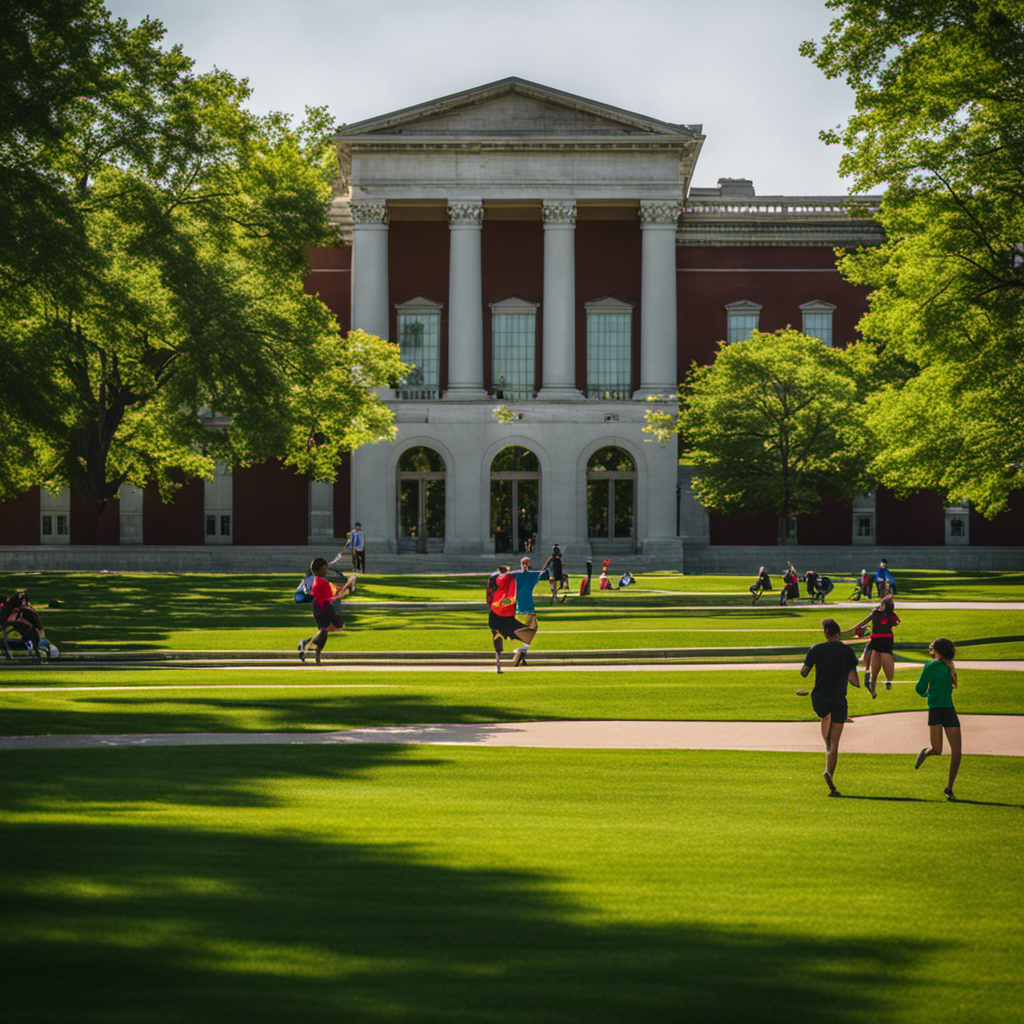 An image showcasing Ball State's vibrant campus life: students playing frisbee on a lush green quad, the majestic architecture of Beneficence, and the iconic David Owsley Museum of Art in the background