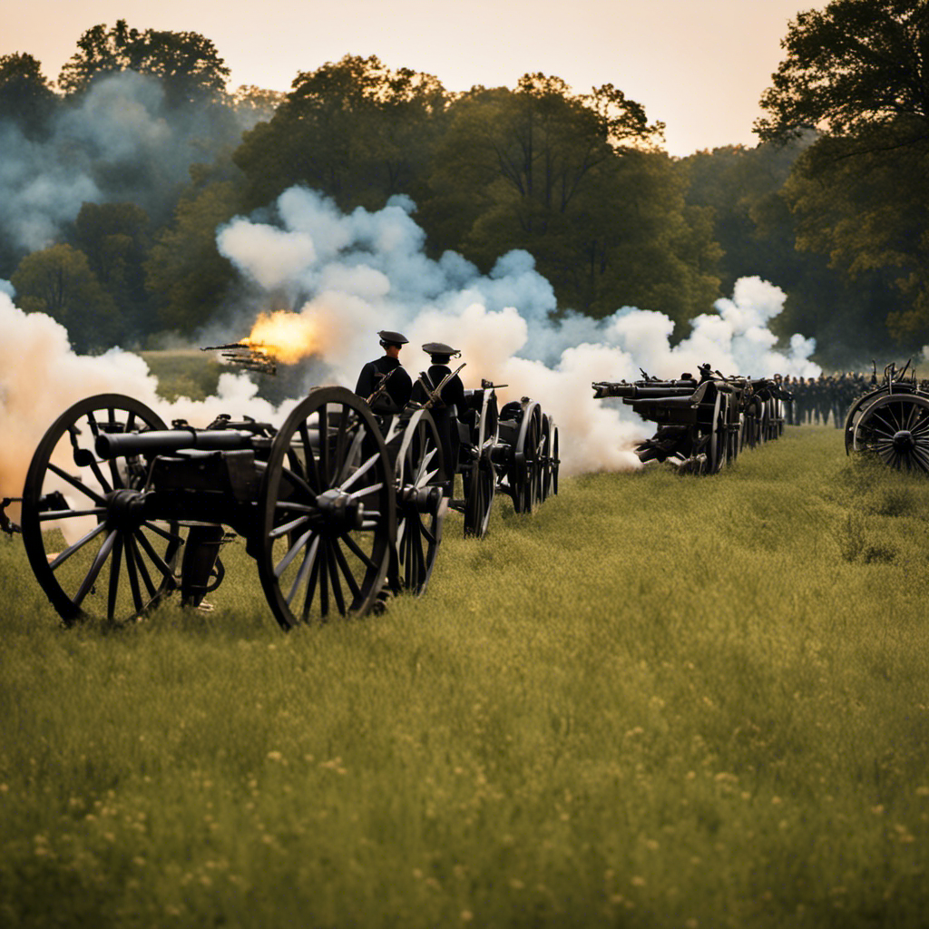 An image capturing the chaos of the Battle of Antietam: Union and Confederate soldiers locked in fierce combat, smoke billowing from cannons, the piercing sound of musket fire, and the haunting sight of fallen soldiers strewn across the battlefield