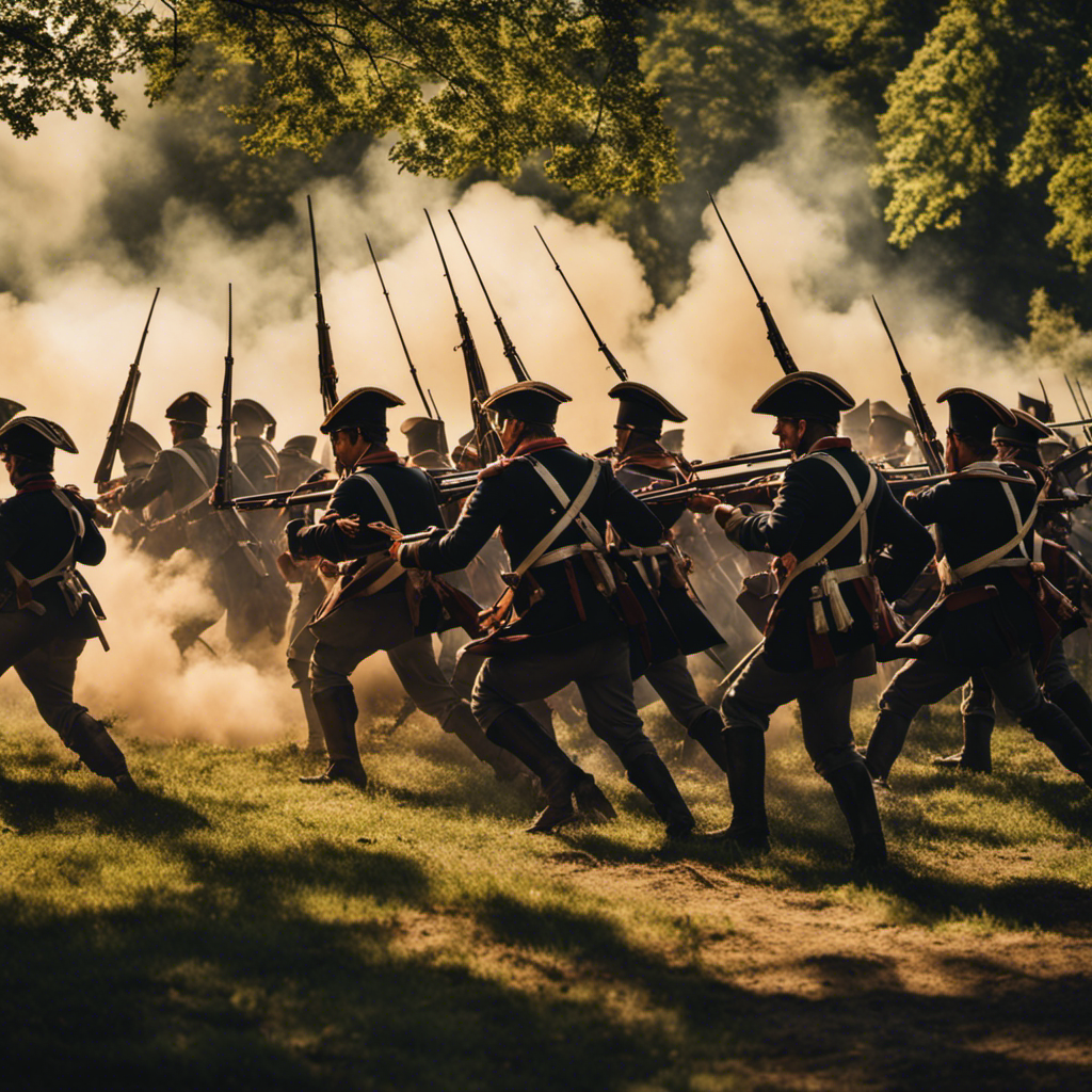 An image showcasing the intense Battle of Saratoga: Patriots valiantly charging across a sun-drenched field, muskets ablaze, as British soldiers fiercely defend their position amidst towering oak trees and billowing smoke