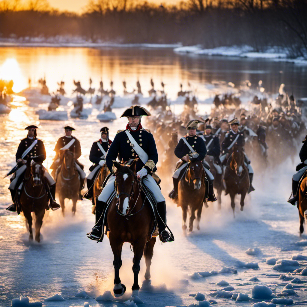 An image capturing General Washington leading his troops across the icy Delaware River at dawn, surrounded by floating chunks of ice, while showcasing the determination and triumph of the iconic Battle of Trenton