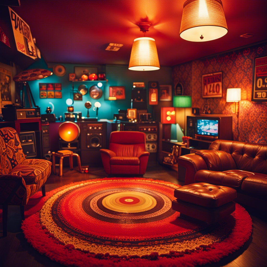 An image showcasing the iconic basement hangout of "That 70s Show," complete with retro furniture, lava lamps, vinyl records playing, a vibrant shag carpet, and a haze of smoke, capturing the essence of the fun-filled era