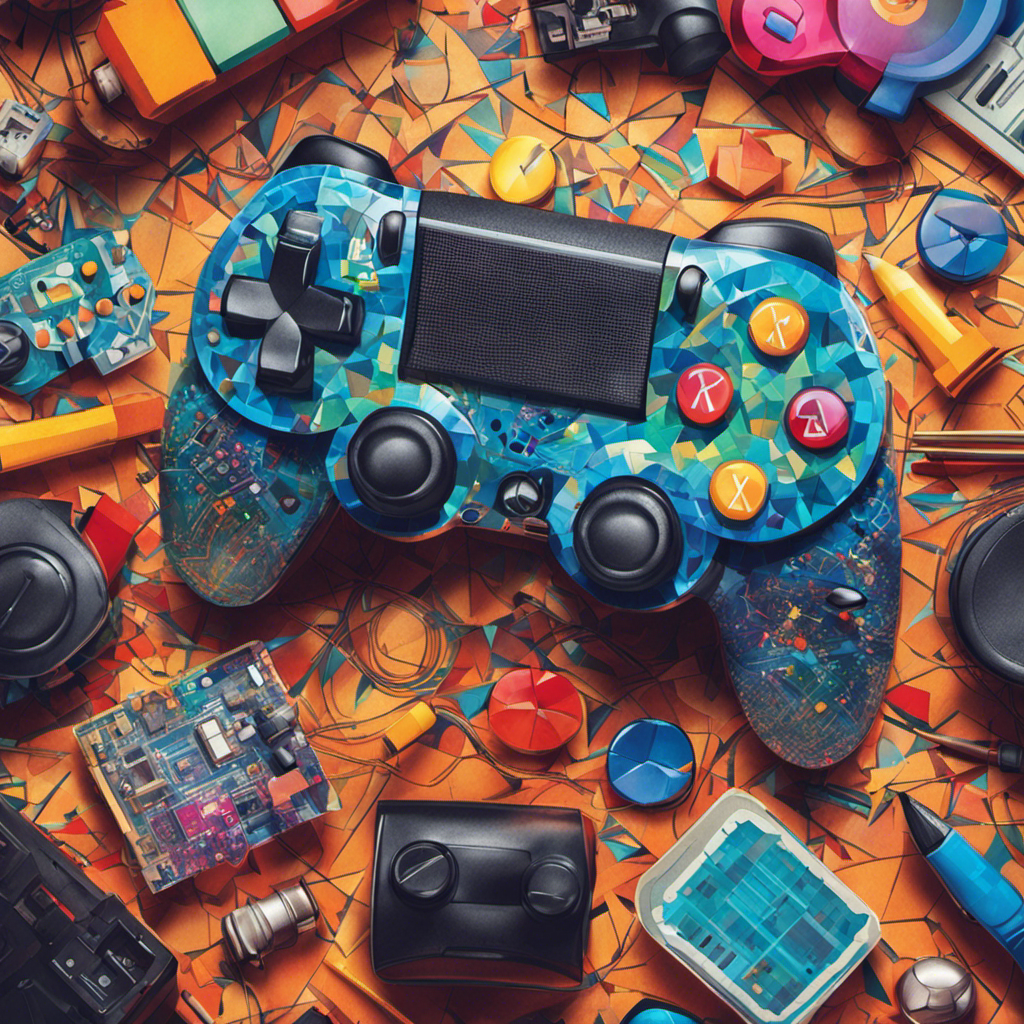 An image showcasing a colorful mosaic of game controllers, stylized pencils, and vibrant sketches, portraying the passionate world of game designers