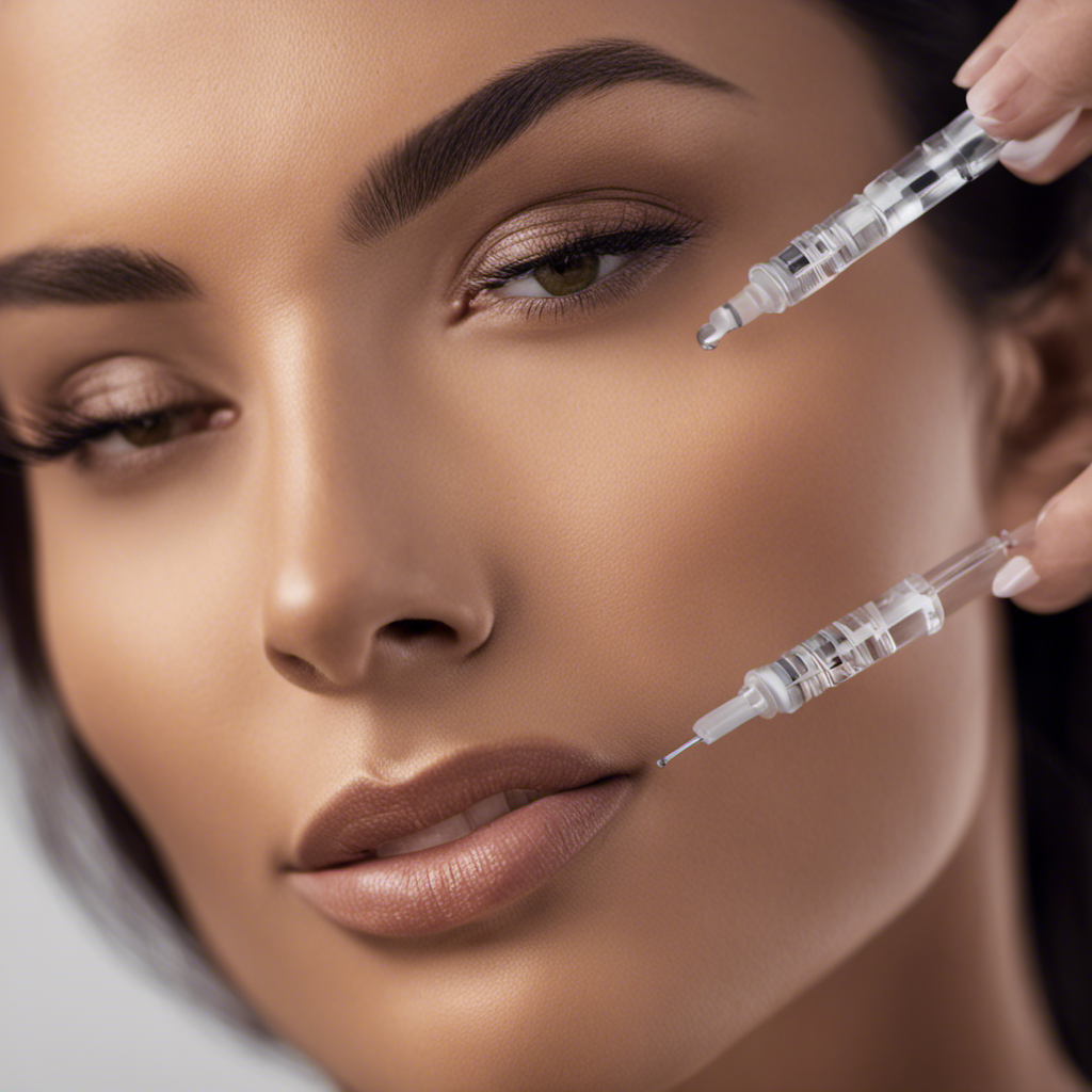 An image showcasing the smooth, wrinkle-free skin of a woman's forehead, while a series of syringes filled with Botox hover playfully in the background