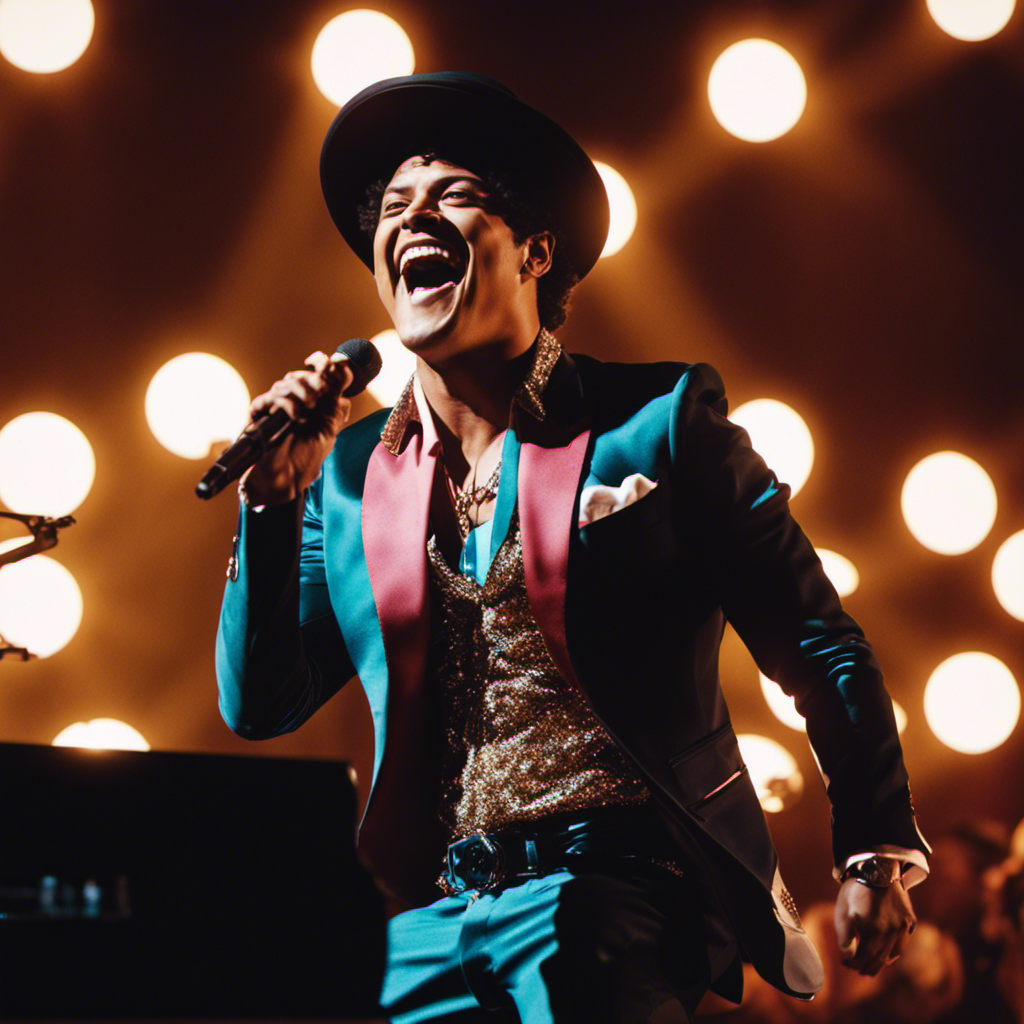 An image showcasing Bruno Mars surrounded by a vibrant stage, captivating the audience with his high-energy dance moves