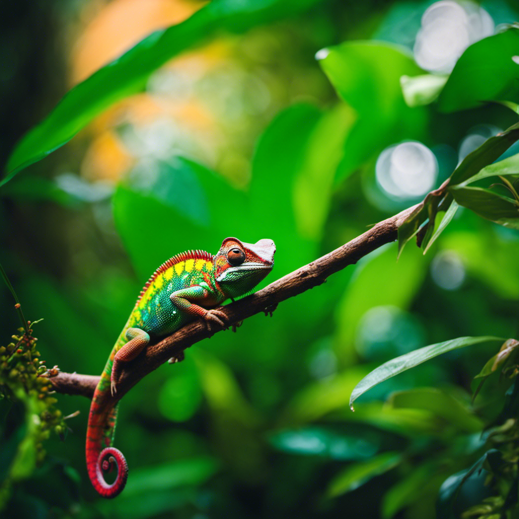 An image showcasing a vibrant rainforest scene with a single chameleon perched on a tree branch, blending seamlessly with its surroundings