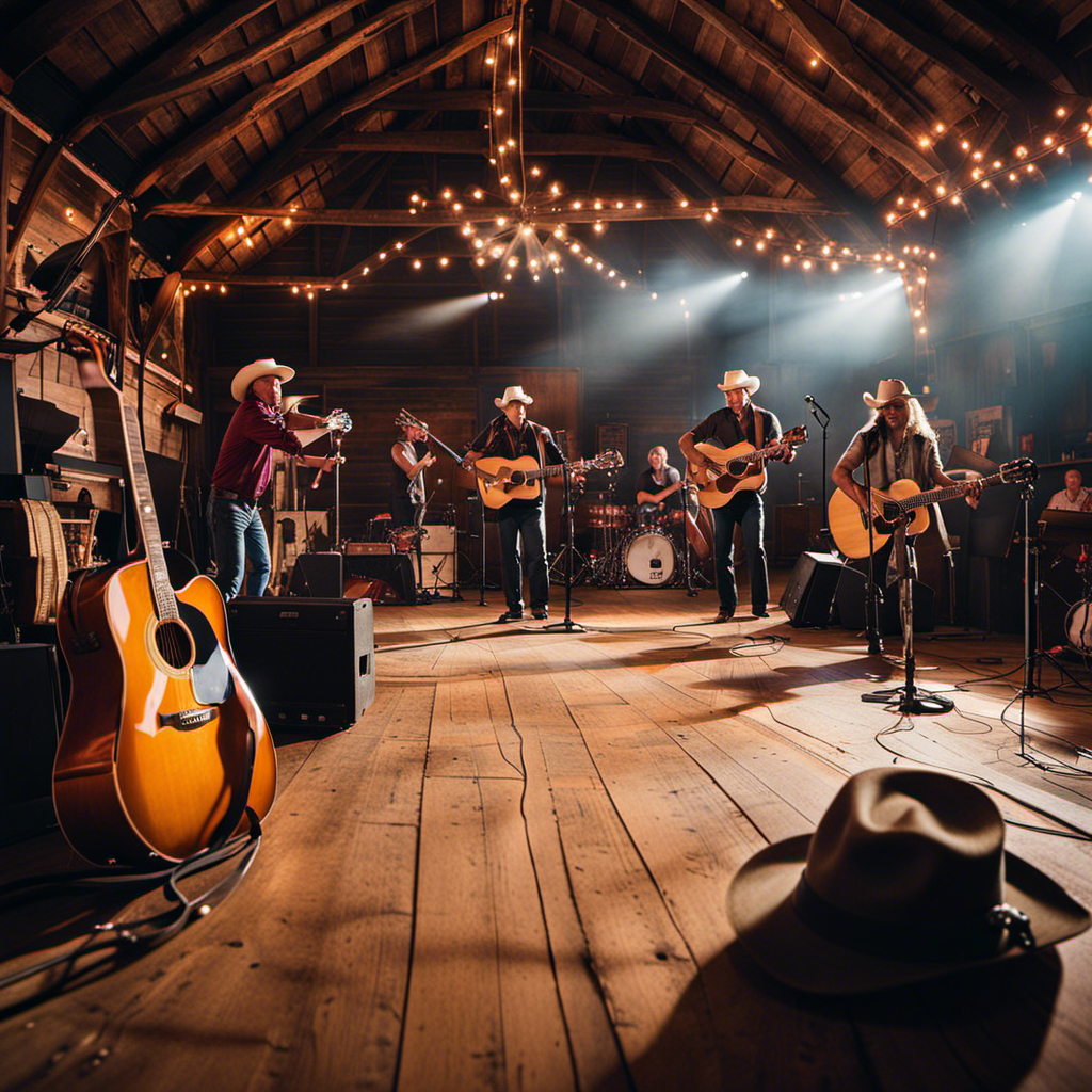 An image that showcases a lively country music scene: a rustic barn transformed into a vibrant honky-tonk, filled with cowboy hats, twirling couples dancing to the beat, and a stage adorned with a worn-out guitar and a gleaming microphone