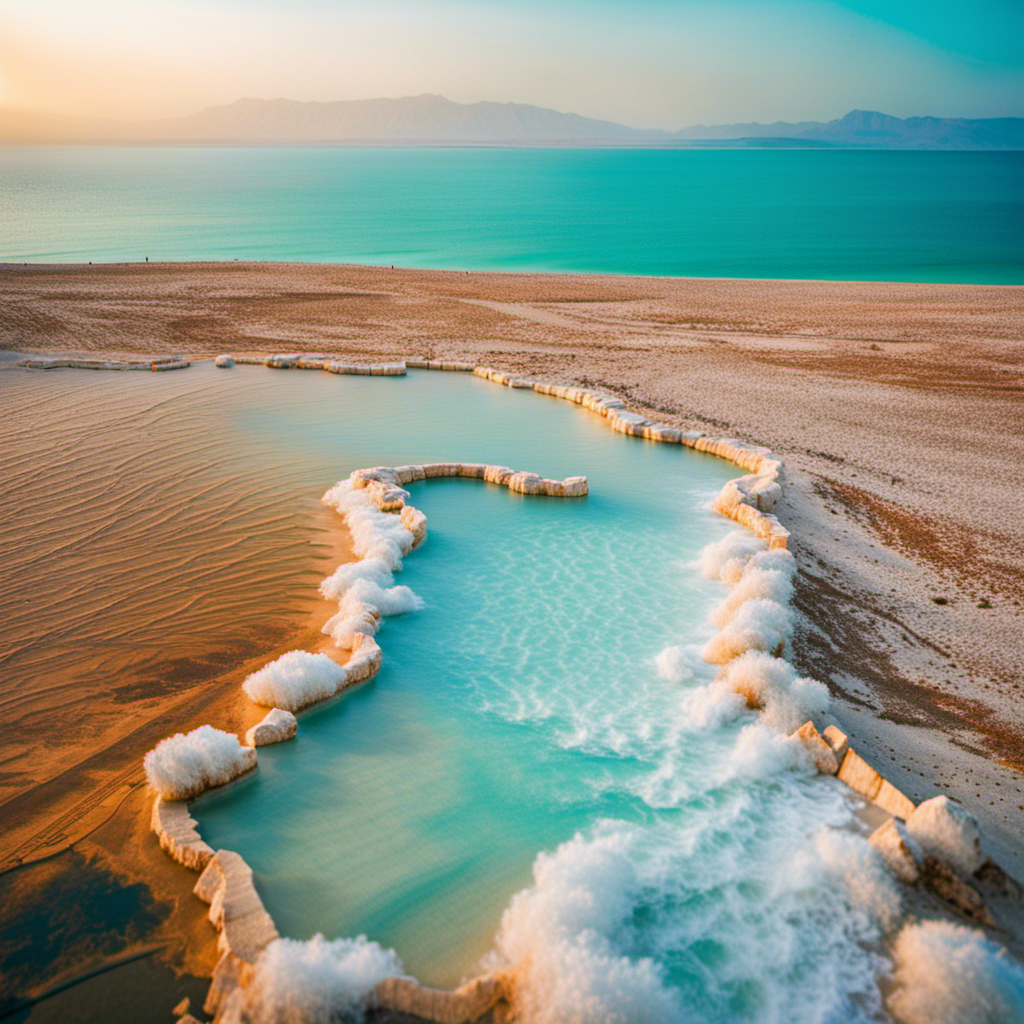 An image showcasing the mesmerizing Dead Sea, with its crystal-clear turquoise waters gently lapping against its famous salt-encrusted shores