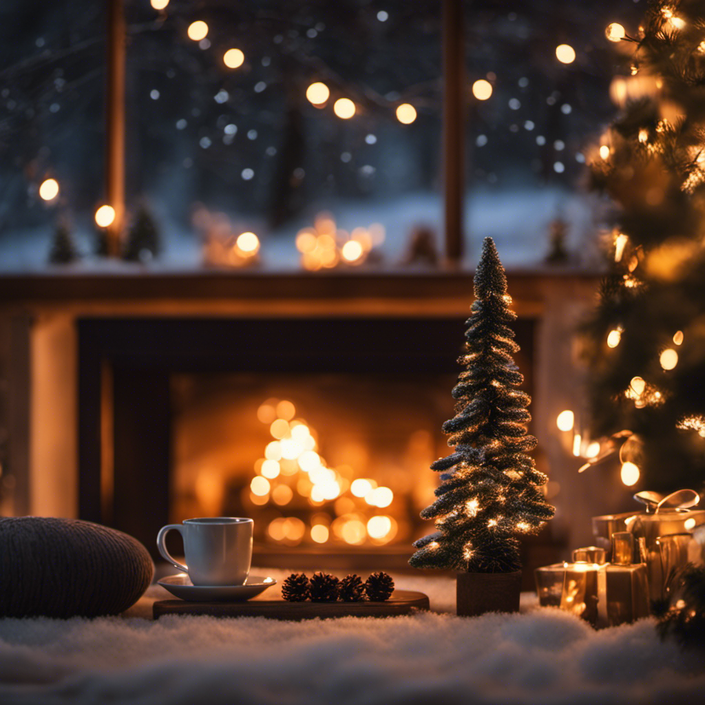 An image showcasing a cozy living room, adorned with twinkling fairy lights and a crackling fireplace, while outside, snowflakes gently fall, evoking the joyful spirit of December 3 Fun Facts
