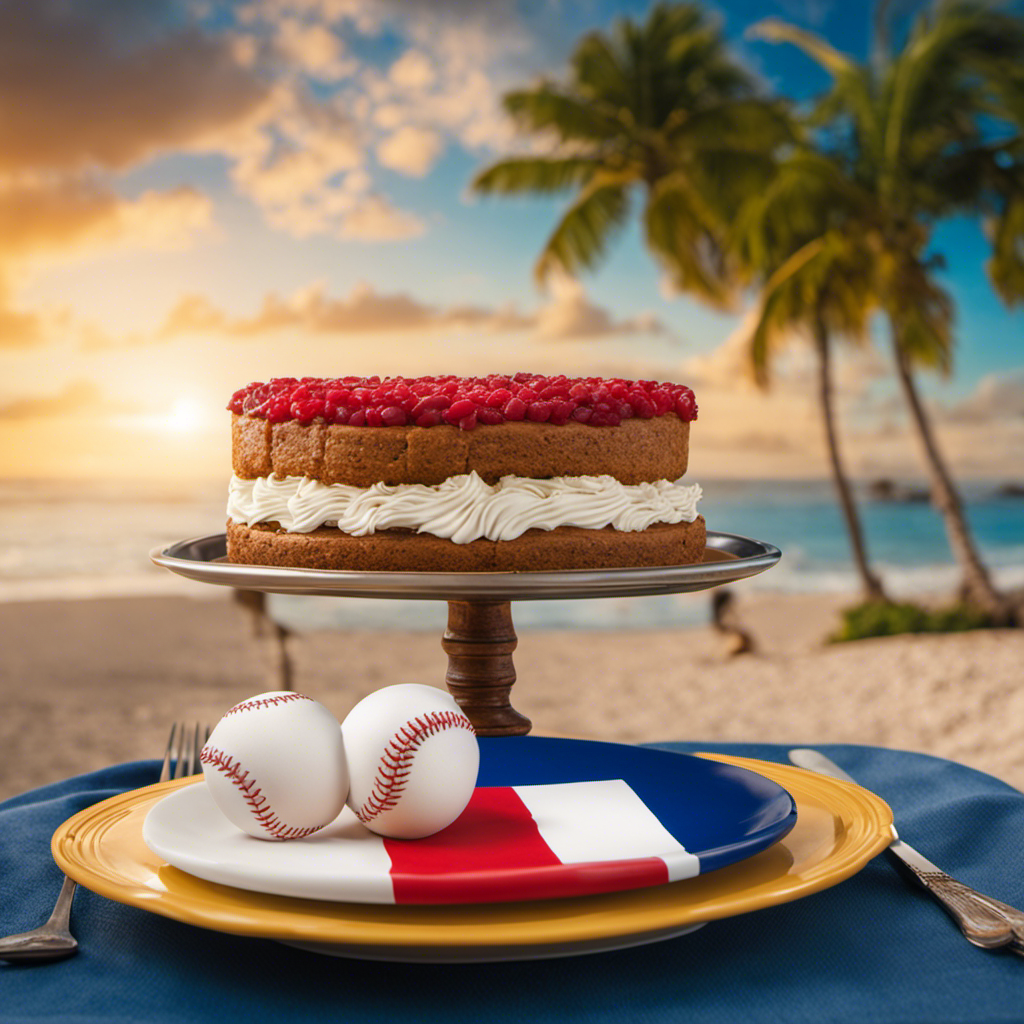 an image featuring the Dominican Republic's flag, a merengue dancer, a baseball player, a humpback whale, and a plate of traditional Dominican food, all set against a vibrant beach background