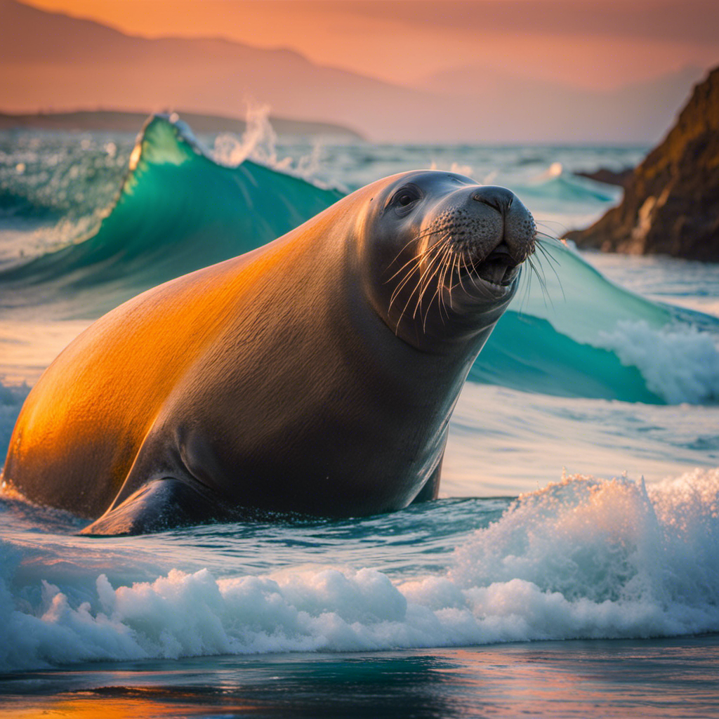 an image that captures the immense size of an elephant seal as it effortlessly glides through the turquoise waters, with a backdrop of rugged coastal cliffs and a vibrant orange sunset painting the sky
