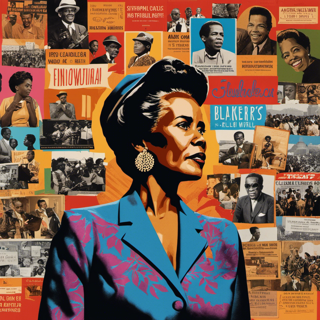 An image showcasing a vibrant collage of Ella Baker's life: her passionate activism, empowering speeches, grassroots organizing, and tireless commitment to civil rights, all depicted through colorful illustrations and powerful symbols