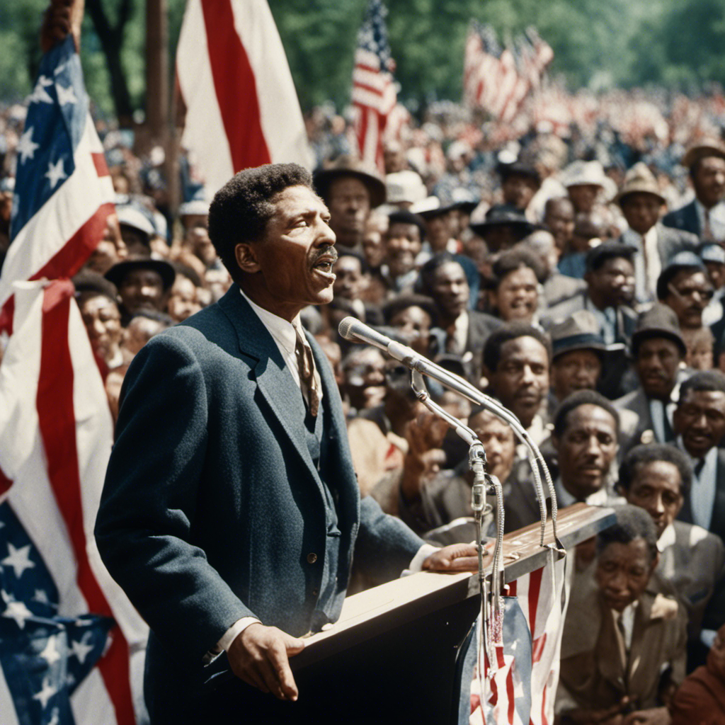 An image showcasing an energetic Bayard Rustin speaking passionately at a podium, surrounded by a diverse crowd, waving flags, and sporting "I Have a Dream" banners, symbolizing his pivotal role in the civil rights movement