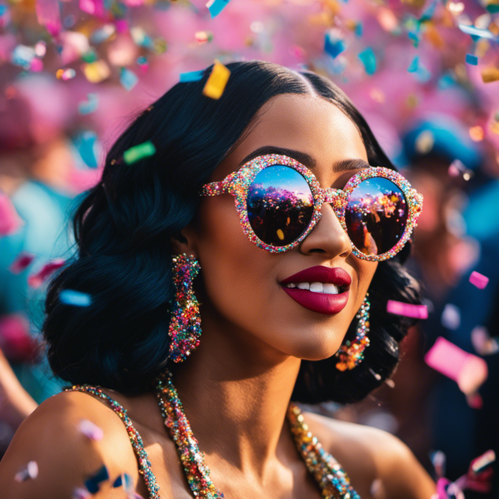 An image capturing Cardi B's vibrant personality: a playful portrait of her rocking colorful, oversized sunglasses, surrounded by a flurry of confetti, with an infectious smile that lights up the frame
