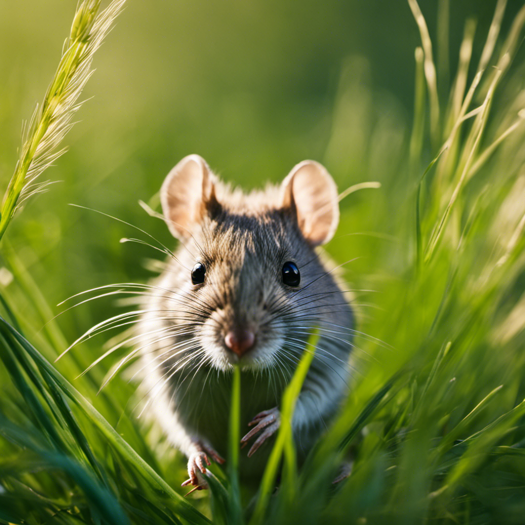 An image showcasing four striped grass mice playfully hopping amidst tall blades of vibrant green grass, their curious eyes gleaming with mischief as they explore their natural habitat