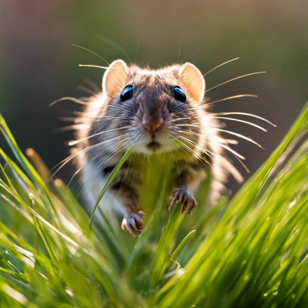 An image showcasing the agile Four-Striped Grass Mouse leaping effortlessly between blades of vibrant green grass, its sleek body adorned with four distinct stripes, while its curious eyes sparkle with intelligence and curiosity