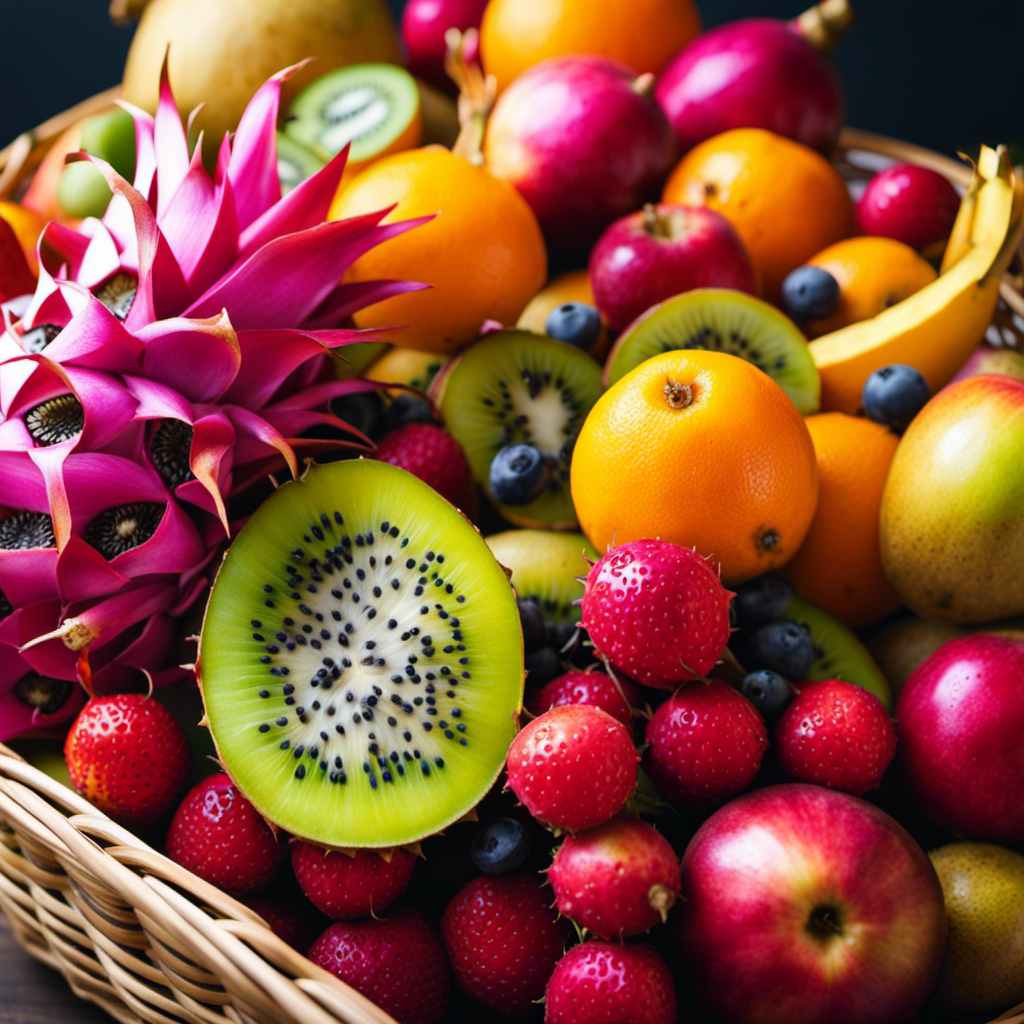An image showcasing a vibrant fruit basket overflowing with a colorful assortment of exotic fruits, such as dragon fruit, kiwi, and passion fruit, alongside common favorites like apples and oranges