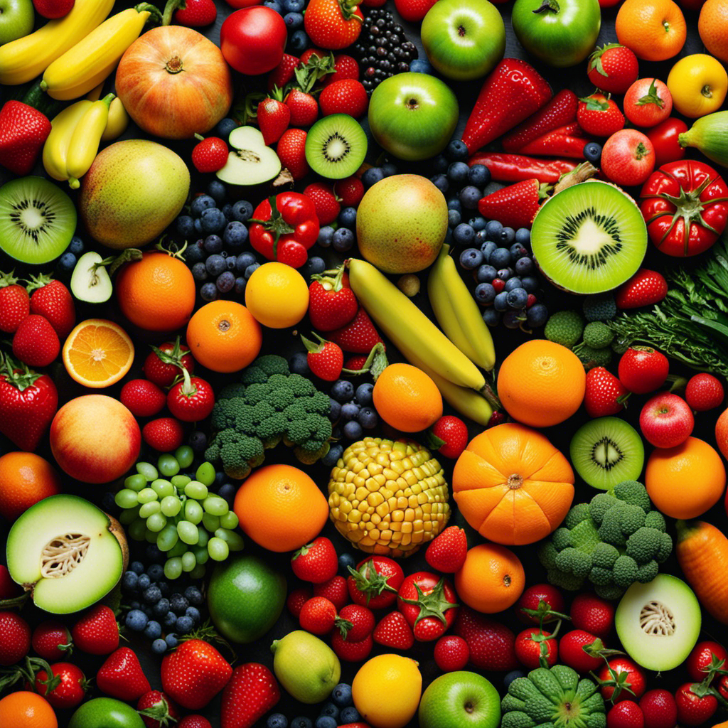 An image showcasing a vibrant fruit and vegetable mosaic, bursting with color and variety