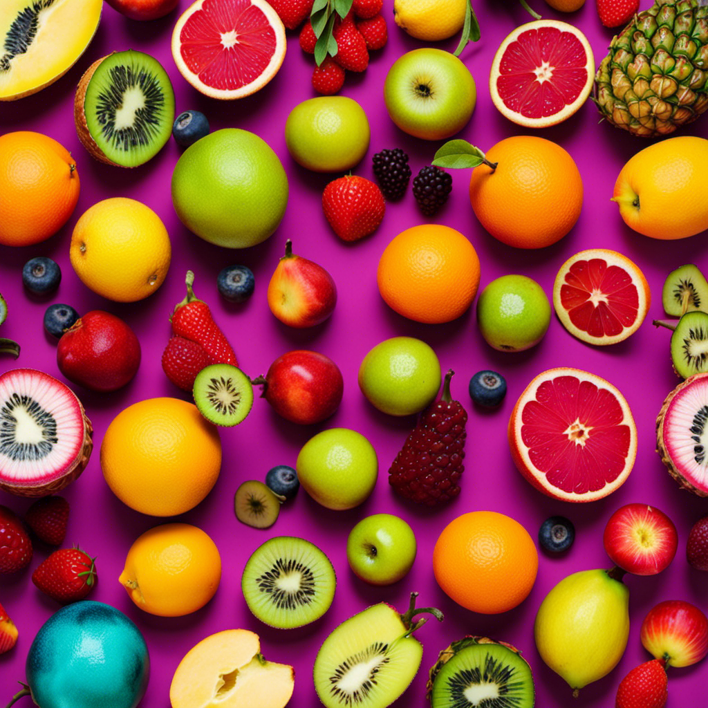 An image showcasing a vibrant collage of 10 different fruits, each labeled with a captivating number
