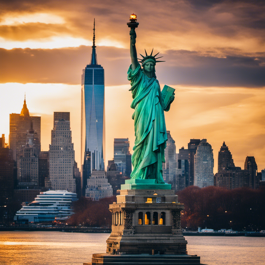 An image capturing the iconic skyline of New York City, with the Statue of Liberty in the foreground, showcasing the vibrant energy and diversity that defines the state