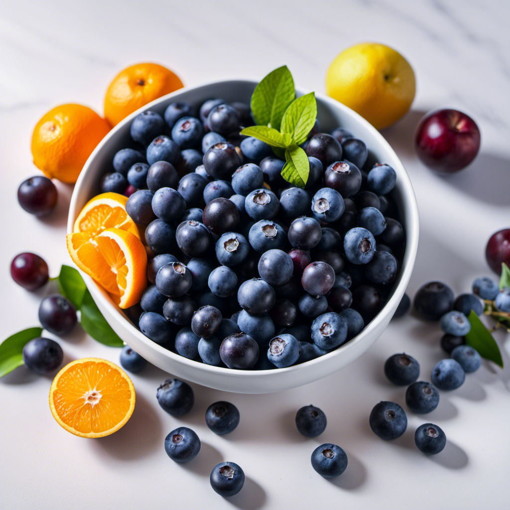 An image showcasing a vibrant blueberry-filled bowl, surrounded by various fruits like oranges, apples, and grapes, but with a spotlight on the blueberries, emphasizing their uniqueness as the only true fruit