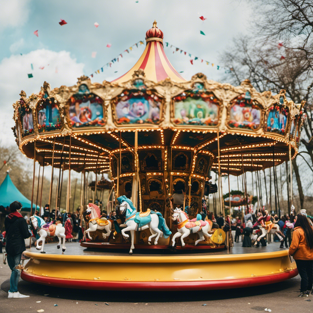 An image depicting a colorful carousel in a bustling city park, with people laughing and exchanging humorous pranks