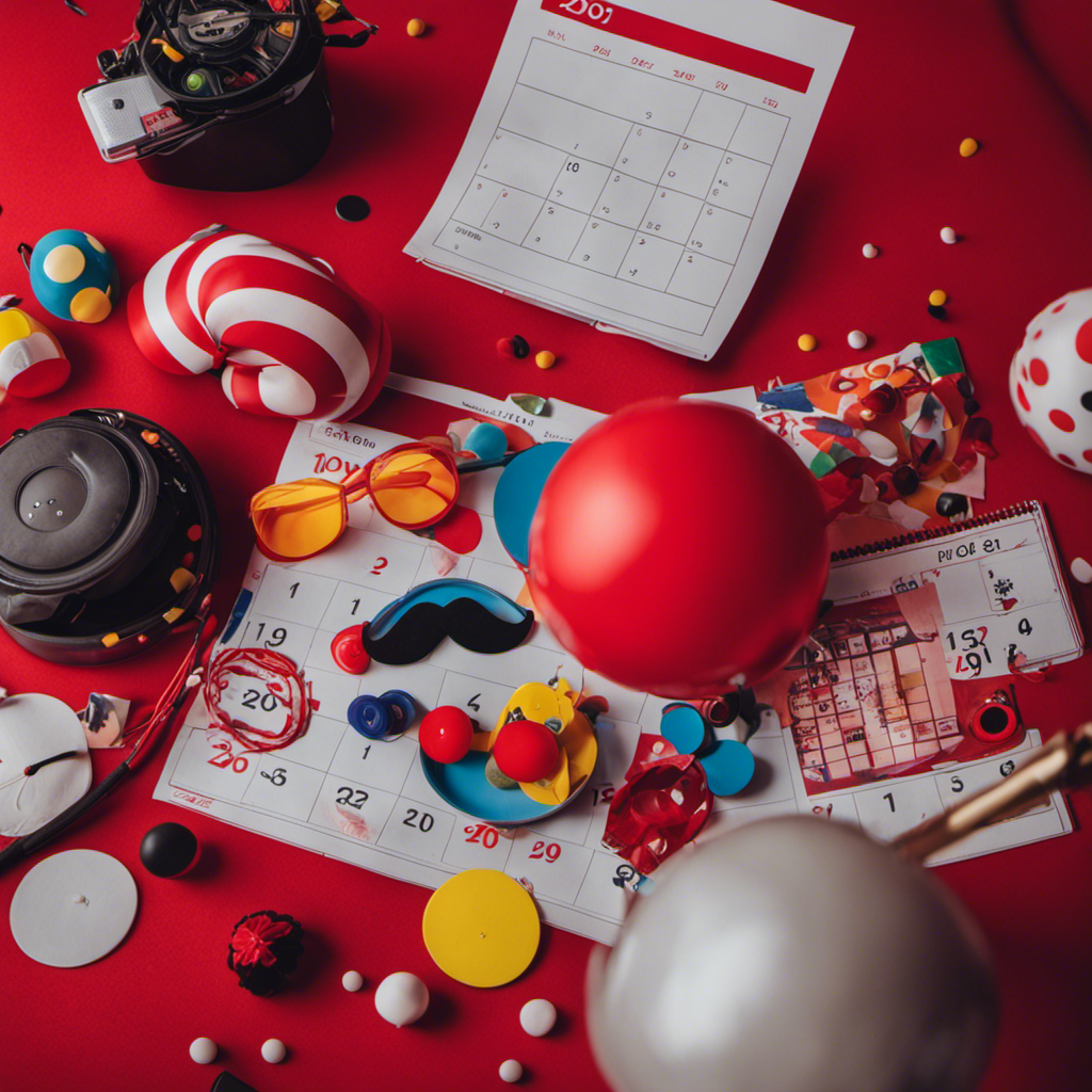 An image showing a colorful assortment of playful objects like a whoopee cushion, clown nose, fake mustache, and joy buzzers, all scattered around a calendar marked with a big red circle on April 1st