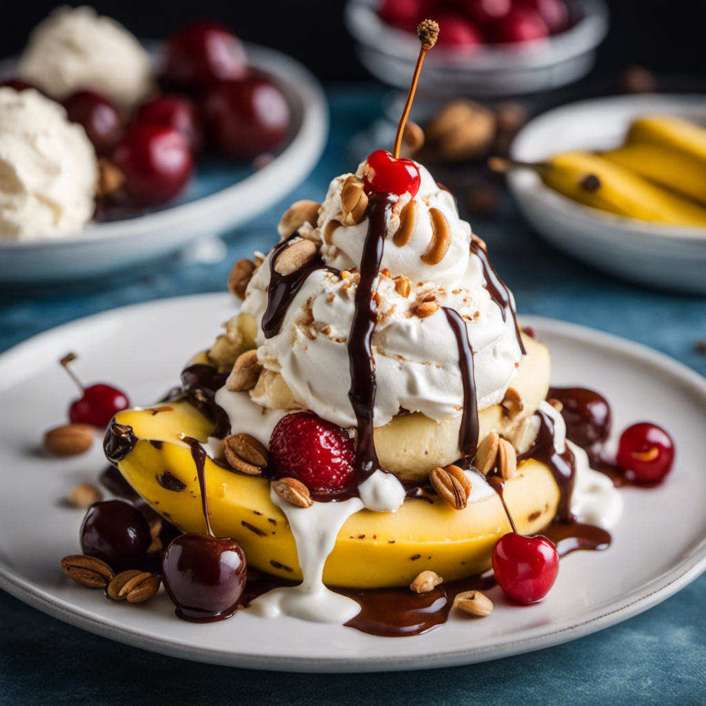 An image showcasing a vibrant, mouthwatering banana split sitting on a classic glass dish