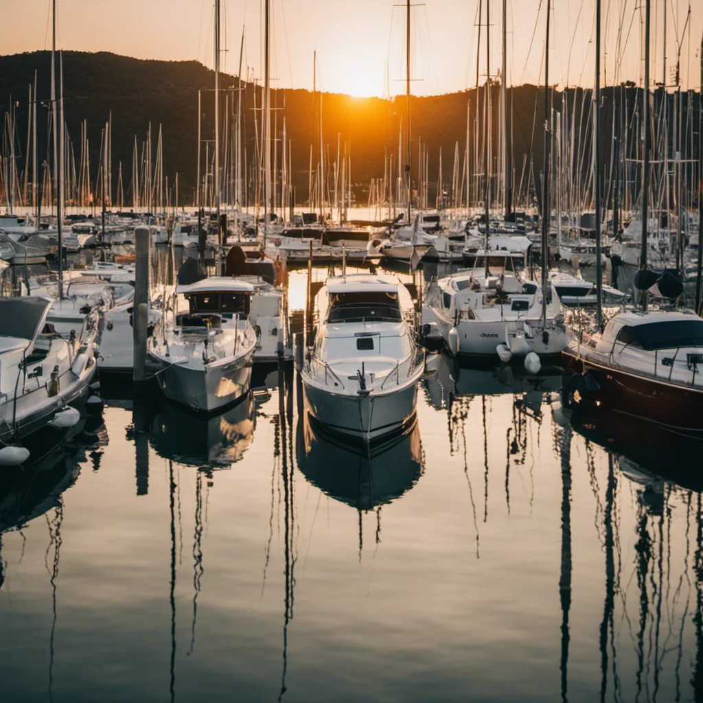 An image showcasing a vibrant marina during sunset, with a variety of boats - from sleek sailboats with billowing white sails to sturdy fishing vessels - bobbing gently in the calm, sparkling waters