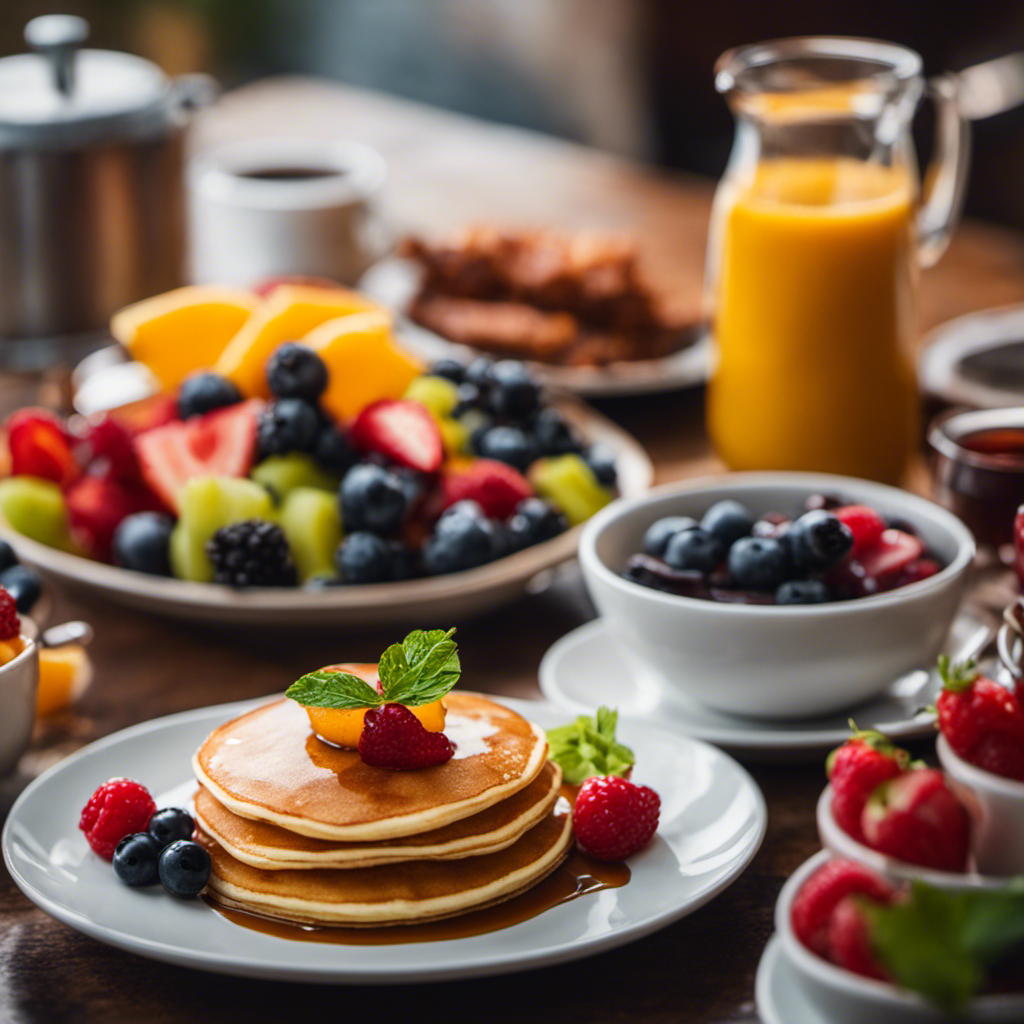 An image that showcases a colorful spread of breakfast foods, including a stack of fluffy pancakes drizzled with syrup, a plate of crispy bacon, a bowl of vibrant fruit salad, and a steaming cup of coffee