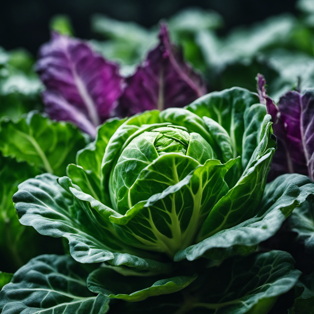 An image featuring a vibrant Brussels sprout plant with lush green leaves, showcasing its unique spherical shape and miniature cabbage-like appearance