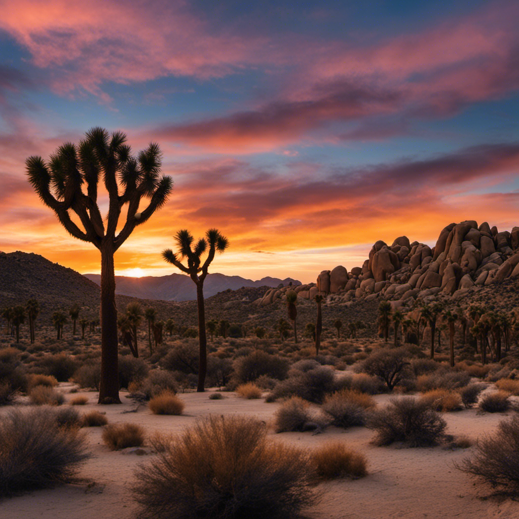An image capturing the mesmerizing Joshua Tree National Park at dusk, with the setting sun casting a warm golden glow over the rugged rock formations and iconic Joshua trees, epitomizing the raw beauty of California's desert region
