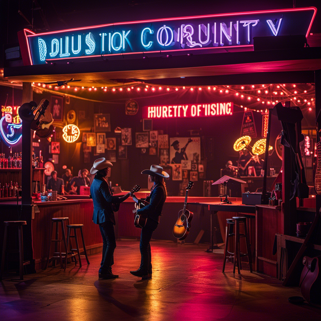 An image featuring a lively honky-tonk bar, with a cowboy hat hanging on a hook, a worn-out guitar on stage, and a neon sign displaying the silhouette of a dancing couple, capturing the essence of country music's vibrant spirit and rich history